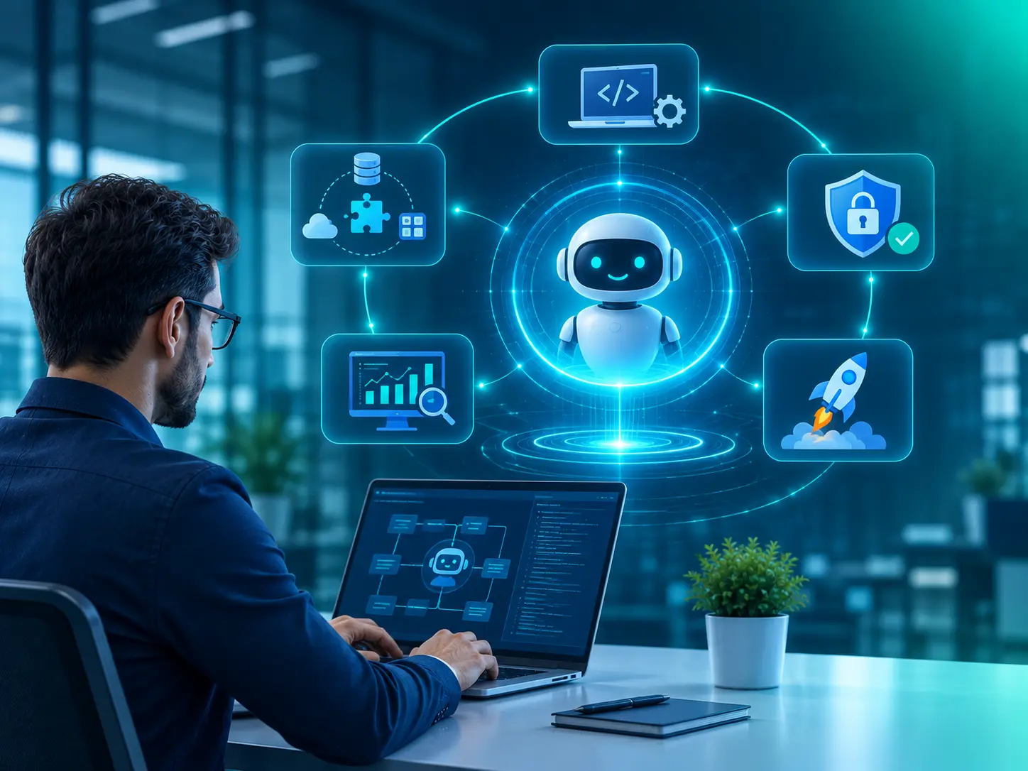 Futuristic AI Agent Lifecycle Workspace
